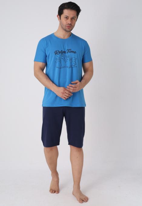 Pijama barbat cu maneca scurta si pantaloni 3/4, culoare albastru, Engros